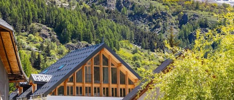 A mountain cabin with a sloped roof, large windows, and a view of a forested mountain range.