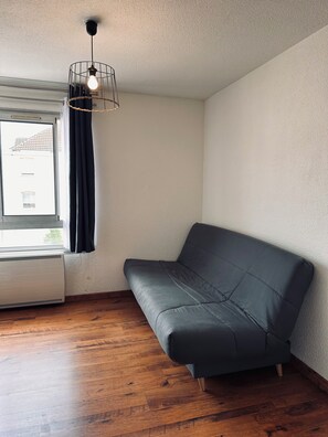 Une pièce avec un canapé gris foncé, un plancher en bois, une fenêtre avec des rideaux et un luminaire suspendu.