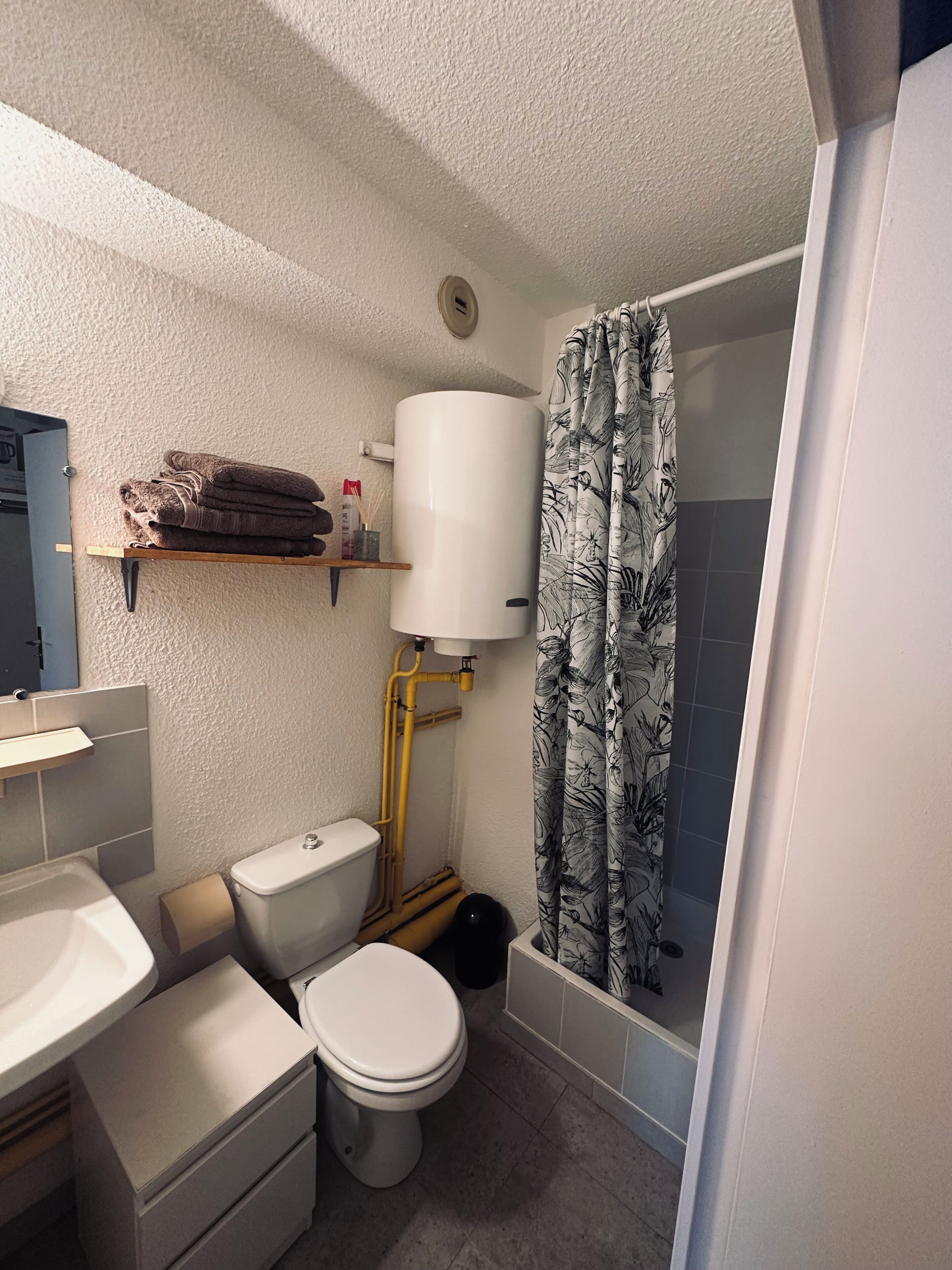 Une salle de bain avec des toilettes, un lavabo et un rideau de douche.