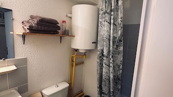 Een badkamer met toilet, wastafel en douchegordijn.