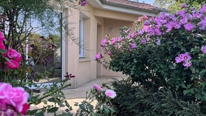 Ein Haus mit Garten, Fenster und Tür.