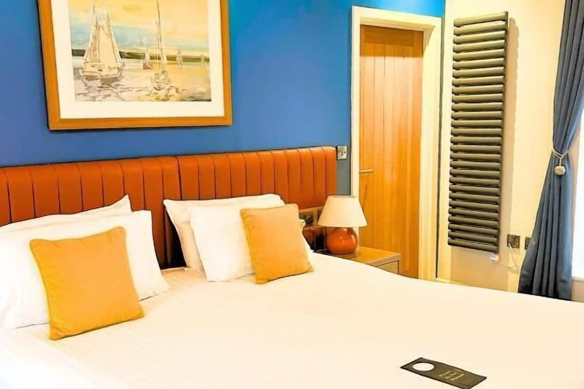 Una habitación de hotel con una cama, un cuadro en la pared, una puerta de madera y un radiador.
