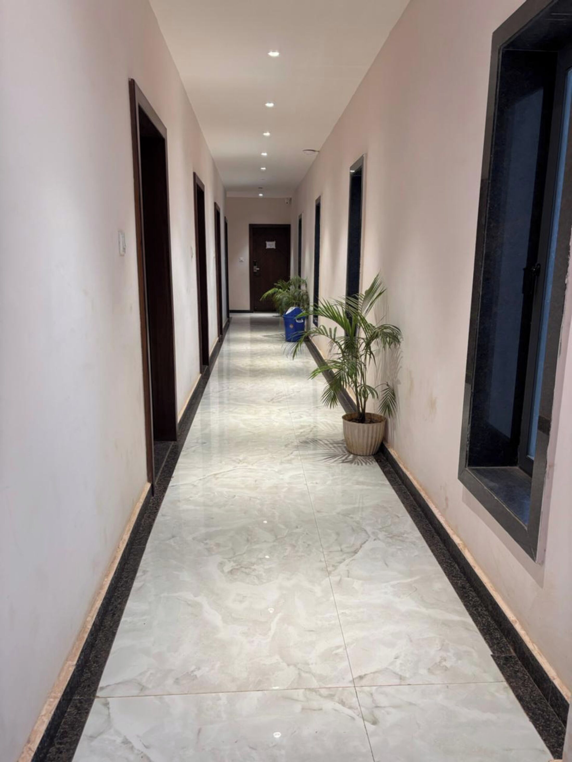 A hallway with a marble floor, potted plants, and doors leading to rooms.