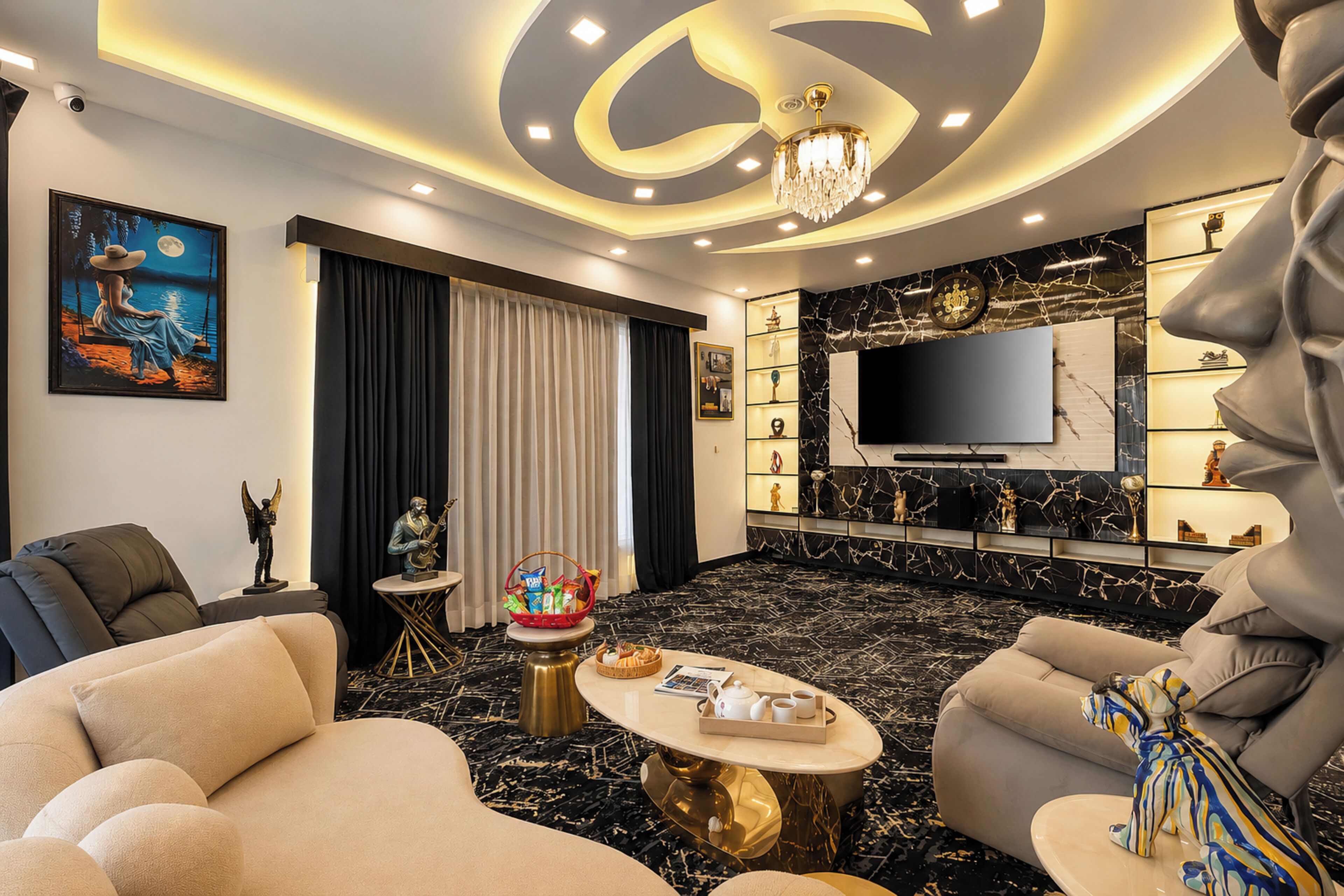 Una sala moderna con sofá, sillón, mesa de centro y televisor.