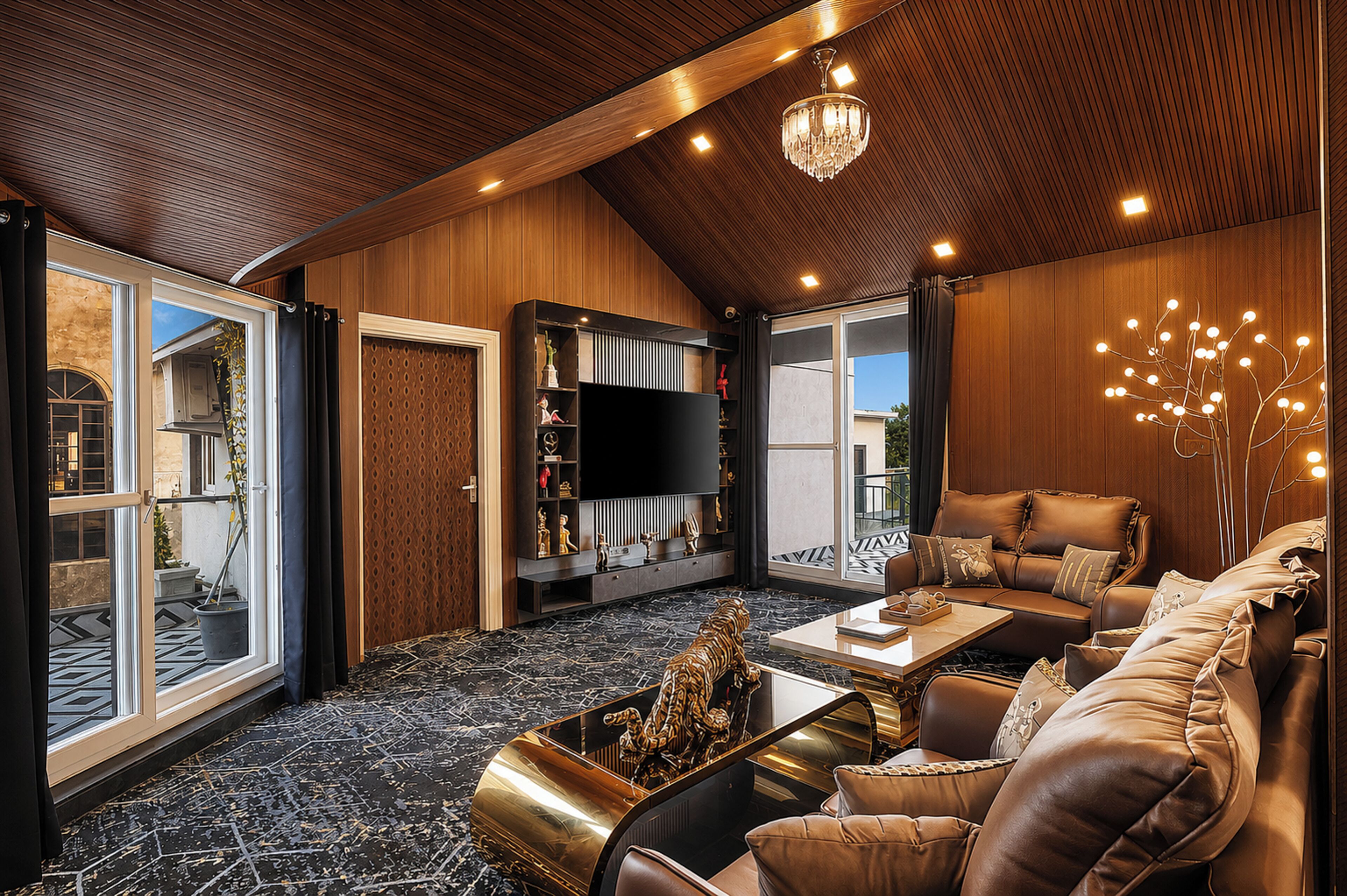 A spacious living room with a large sofa, a coffee table, and a television.