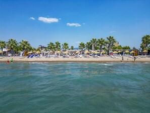 A beach with palm trees, beach umbrellas, and lounge chairs.
