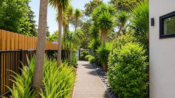 A paved pathway flanked by lush greenery and a wooden fence.