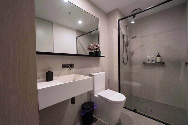 Shower, hair dryer, shampoo