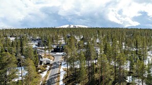 Syvällä metsän keskellä sijaitseva eristäytynyt mökkialue, jonka ympärillä on tiheää metsää ja lumihuippuisia vuoria.