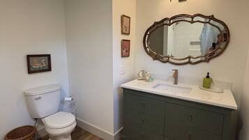 A bathroom with a toilet, vanity, mirror, and two wall-mounted lights.