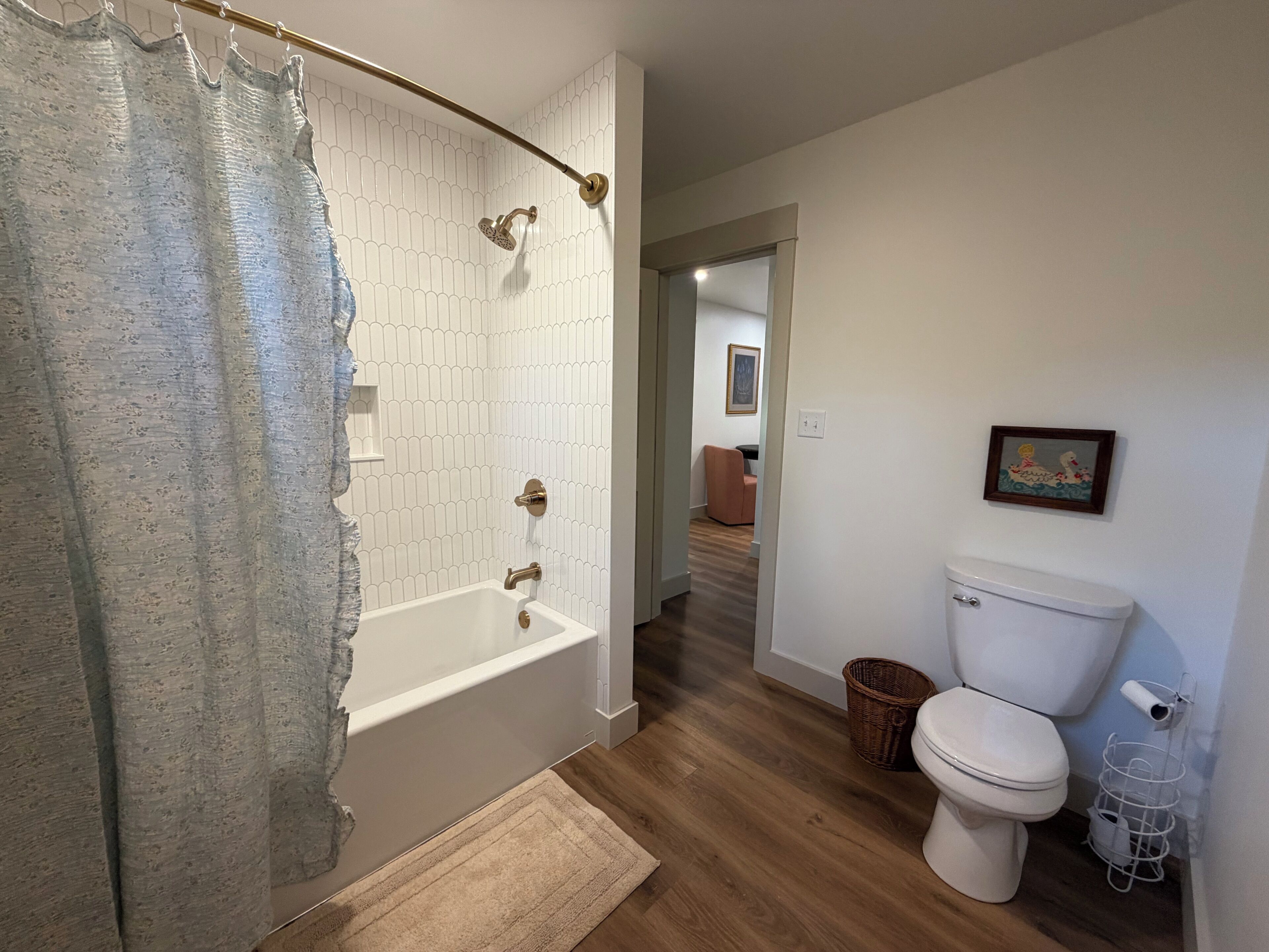 Hair dryer, towels, soap, toilet paper