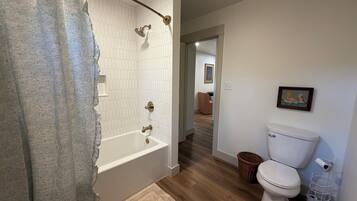 Hair dryer, towels, soap, toilet paper