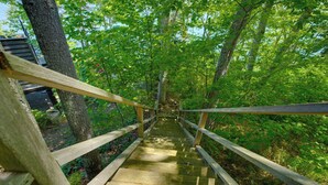 A wooden bridge in a forested area with trees and a building in the background. - Waterfront Cottage! Family-friendly Hideaway (Round Pond)