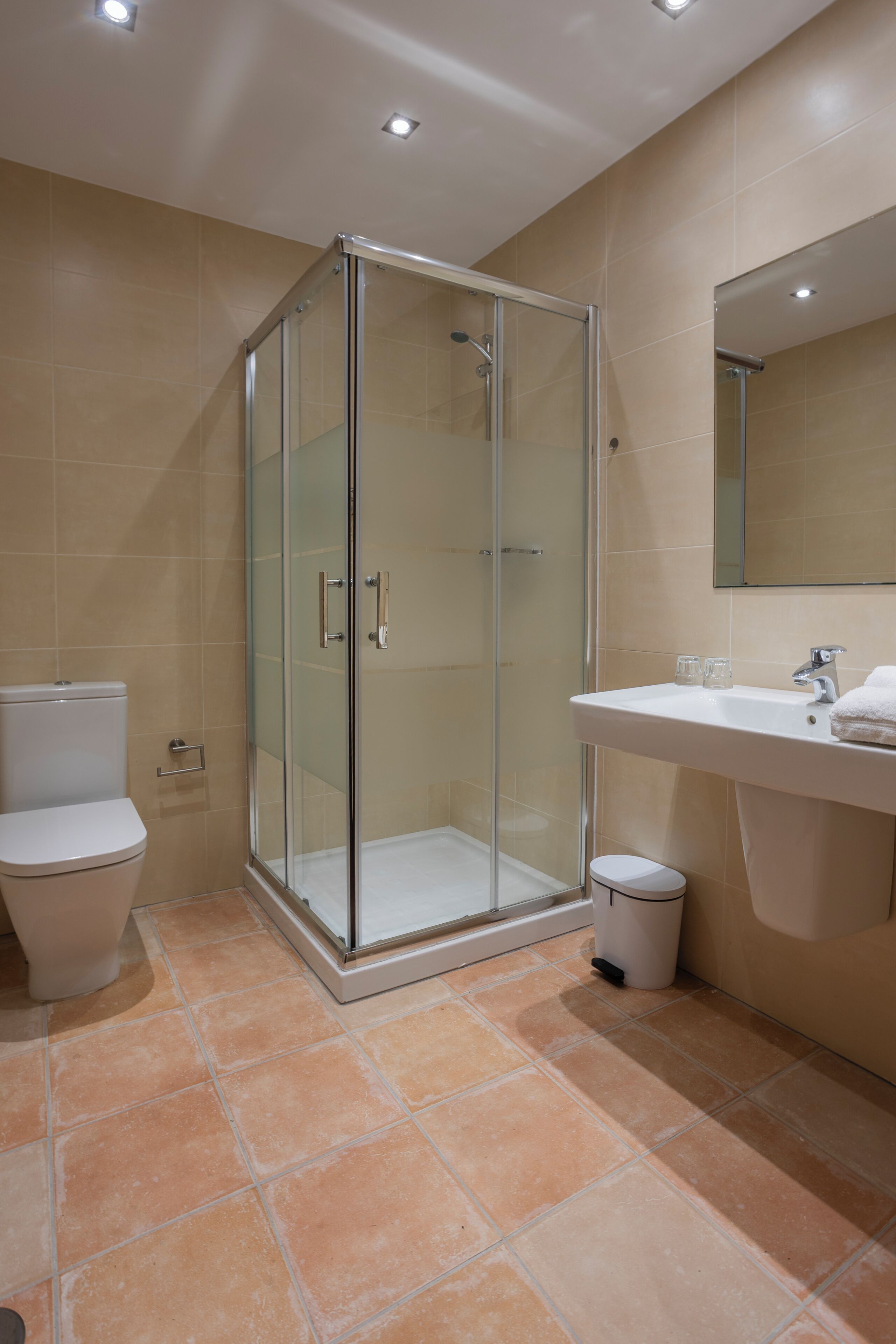 A modern bathroom with a glass-enclosed shower, a toilet, and a sink with a mirror above it.