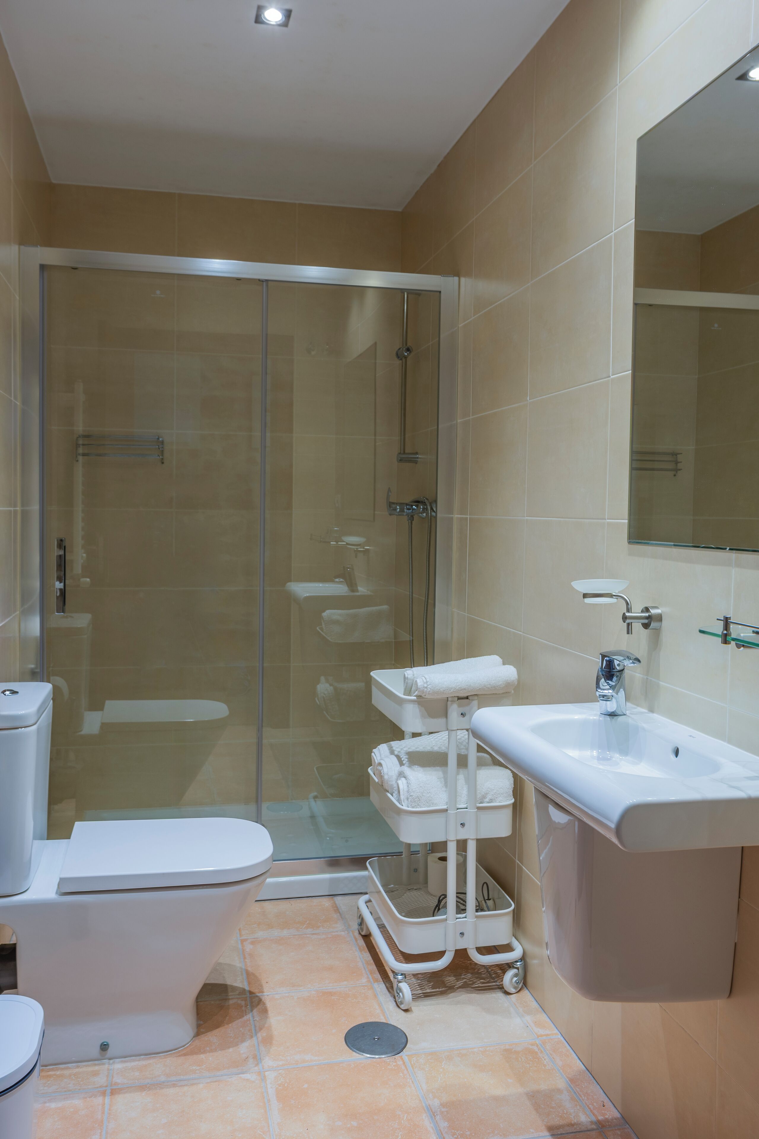 Kamer, 1 twee- of 2 eenpersoonsbedden | Badkamer | Een douche, handdoeken, zeep, shampoo