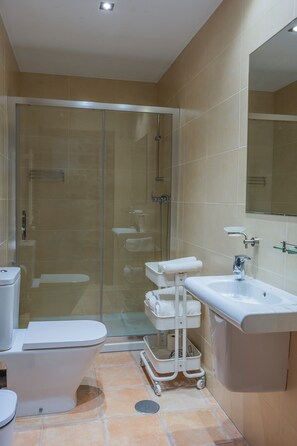A bathroom with a toilet, a glass-enclosed shower, a sink, and a mirror. - La Posada del Vencejo (Penamellera Alta)
