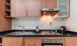 Une cuisine moderne équipée d’un évier en acier inoxydable, d’une bouilloire, d’une cuisinière et de meubles de rangement en bois.