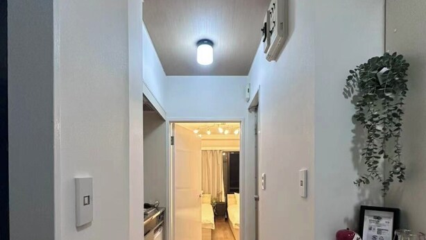 Ein schmaler Flur mit Holzboden, einer Deckenleuchte, einer Küchenzeile mit Schränken und einem Bett mit Vorhang.