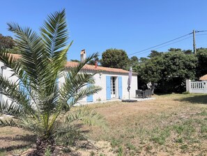 Un bâtiment blanc avec des volets bleus, un palmier au premier plan et un ciel bleu dégagé.