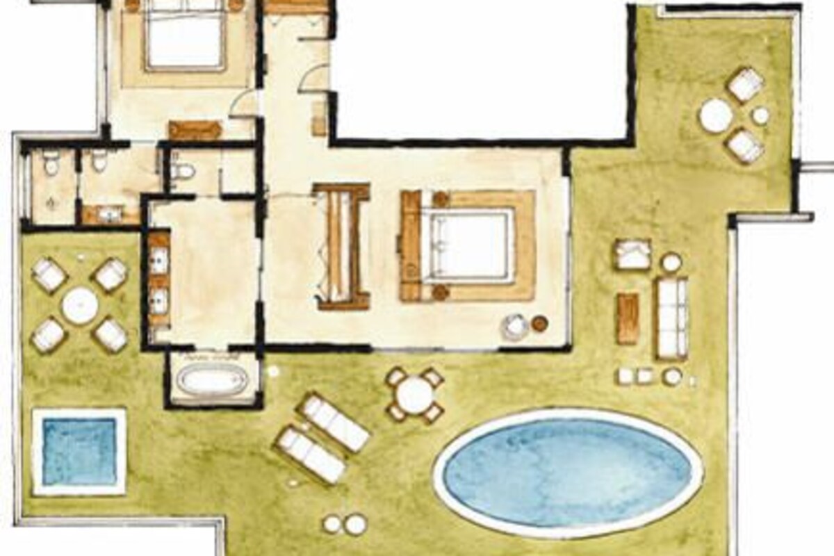 Plànol d'un hotel amb diverses habitacions, un bany, una piscina i zones d'estar a l'exterior.