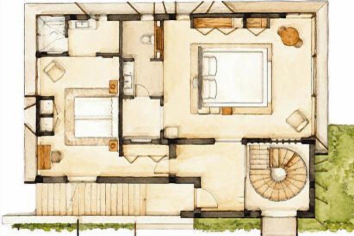 Plànol d'una casa que mostra una zona d'estar central, un dormitori, un bany i una escala de caragol.