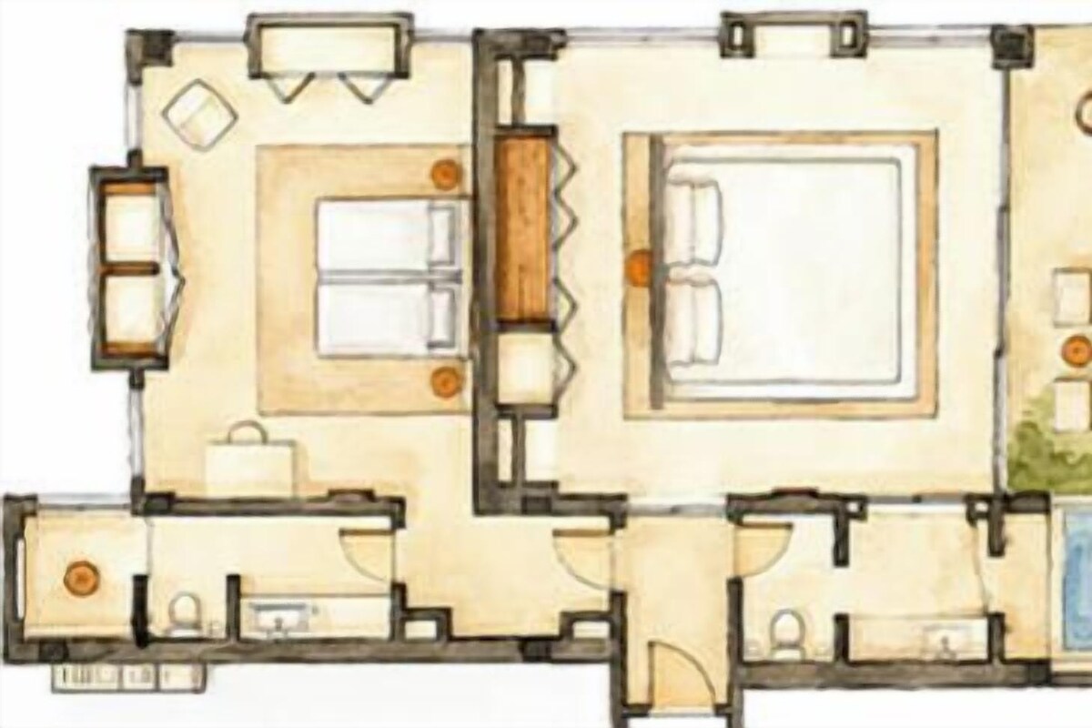 Plànol d'un hotel que mostra un dormitori central, un bany, una zona de dinar i una piscina.