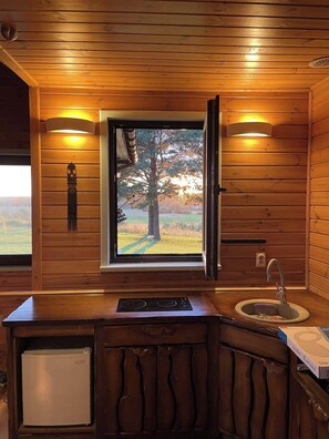 Ein Holzblockhaus-Interieur mit Blick durch ein Fenster auf einen von Bäumen gesäumten Weg, ein Waschbecken und ein kleiner Kühlschrank.