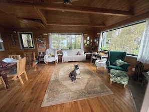 A wooden interior with a dog, a green armchair, and a white sofa.