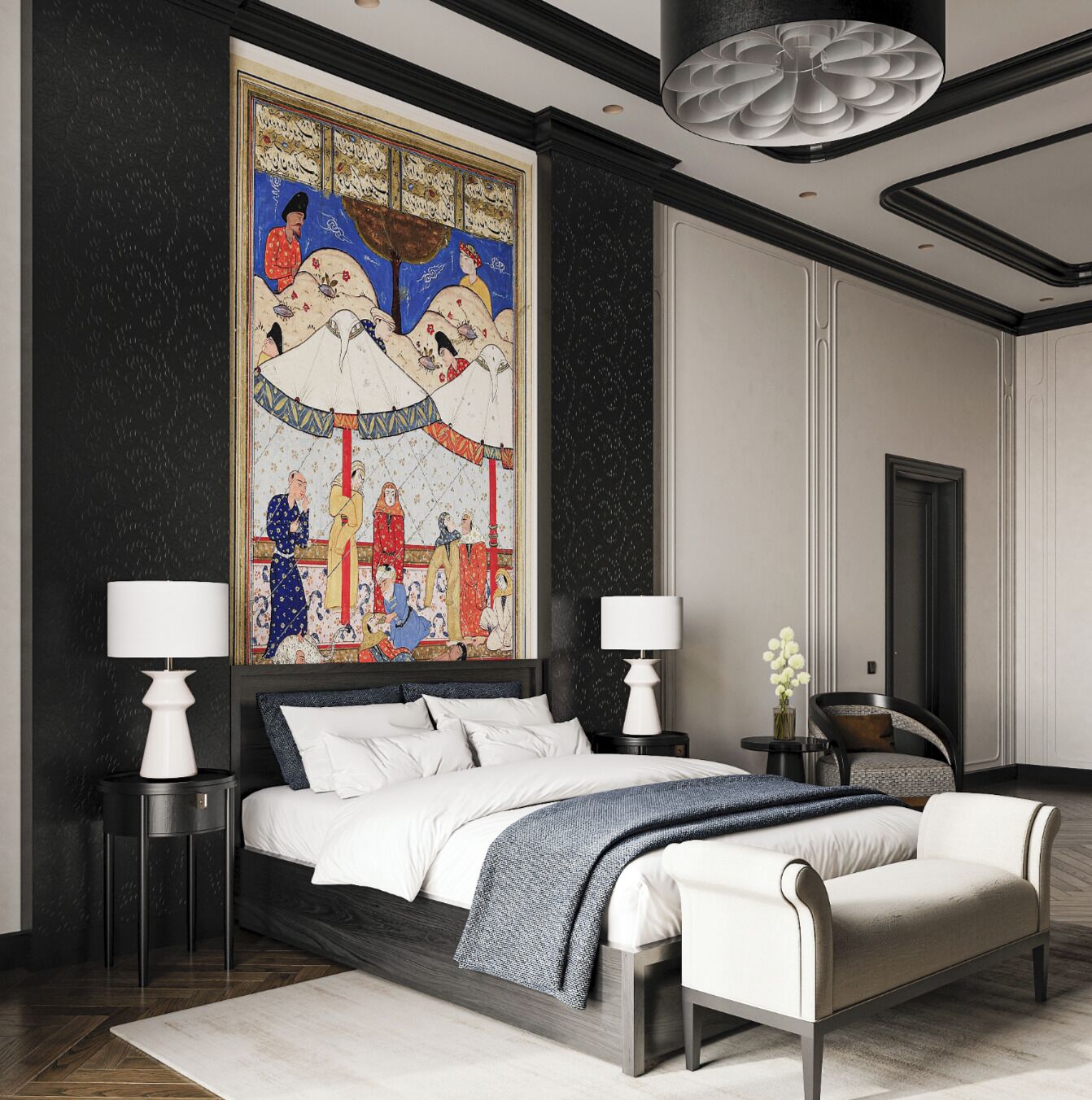 A modern bedroom with a large bed, two bedside tables, a nightstand, a decorative wall hanging, and a ceiling light fixture.
