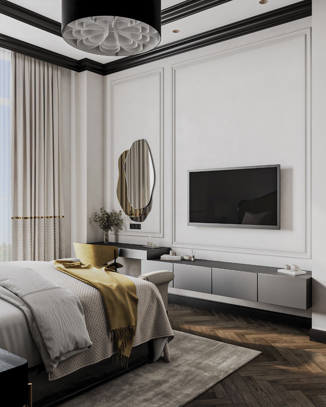 A modern bedroom with a bed, a TV, a mirror, and a dresser.