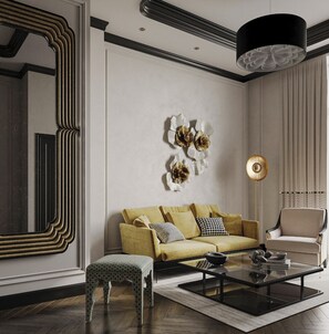 Uma sala de estar moderna com sofá, mesa de centro e elementos decorativos.