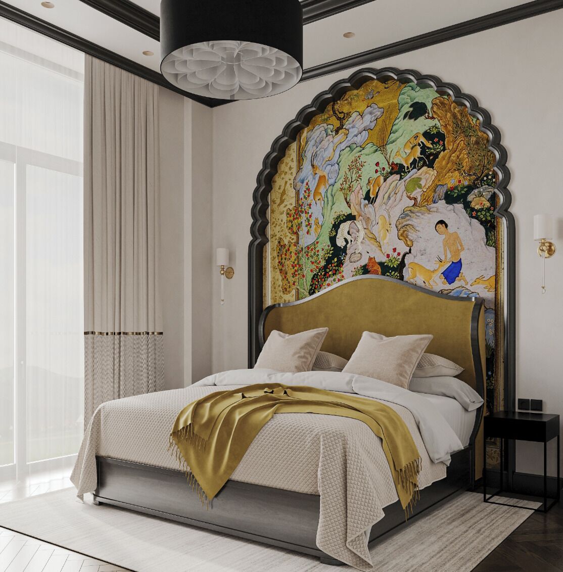 A modern bedroom with a large bed, a decorative headboard, and a view of the outdoors.