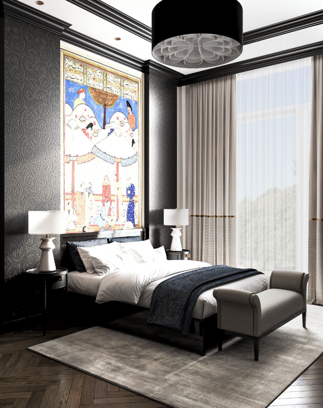 A modern bedroom with a large bed, two bedside tables, a large window with curtains, and a decorative wall painting.