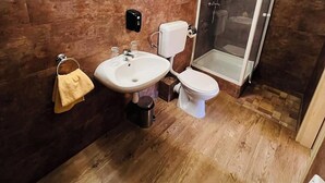 Baño con lavamanos, inodoro y cabina de ducha de vidrio.