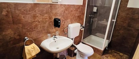 Een badkamer met een wastafel, toilet en douchecabine met glazen wanden.