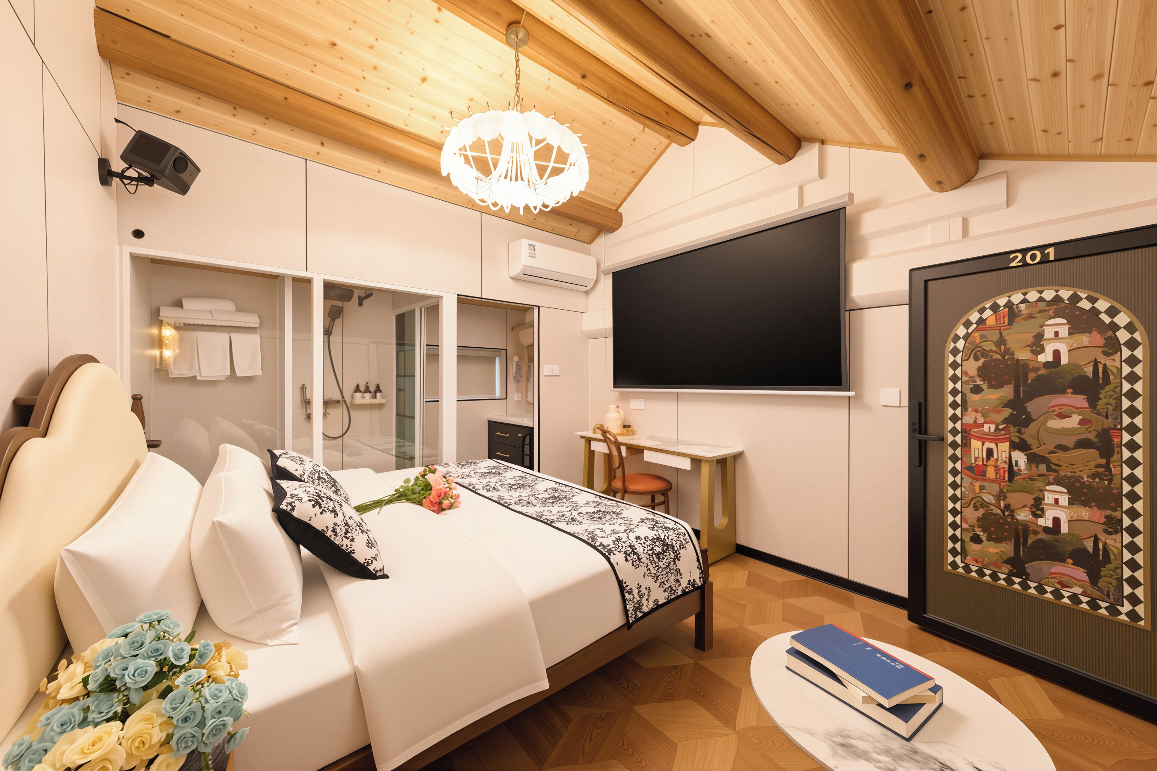 Una camera da letto con un letto, una scrivania, una sedia, una TV e un'opera d'arte appesa al muro.