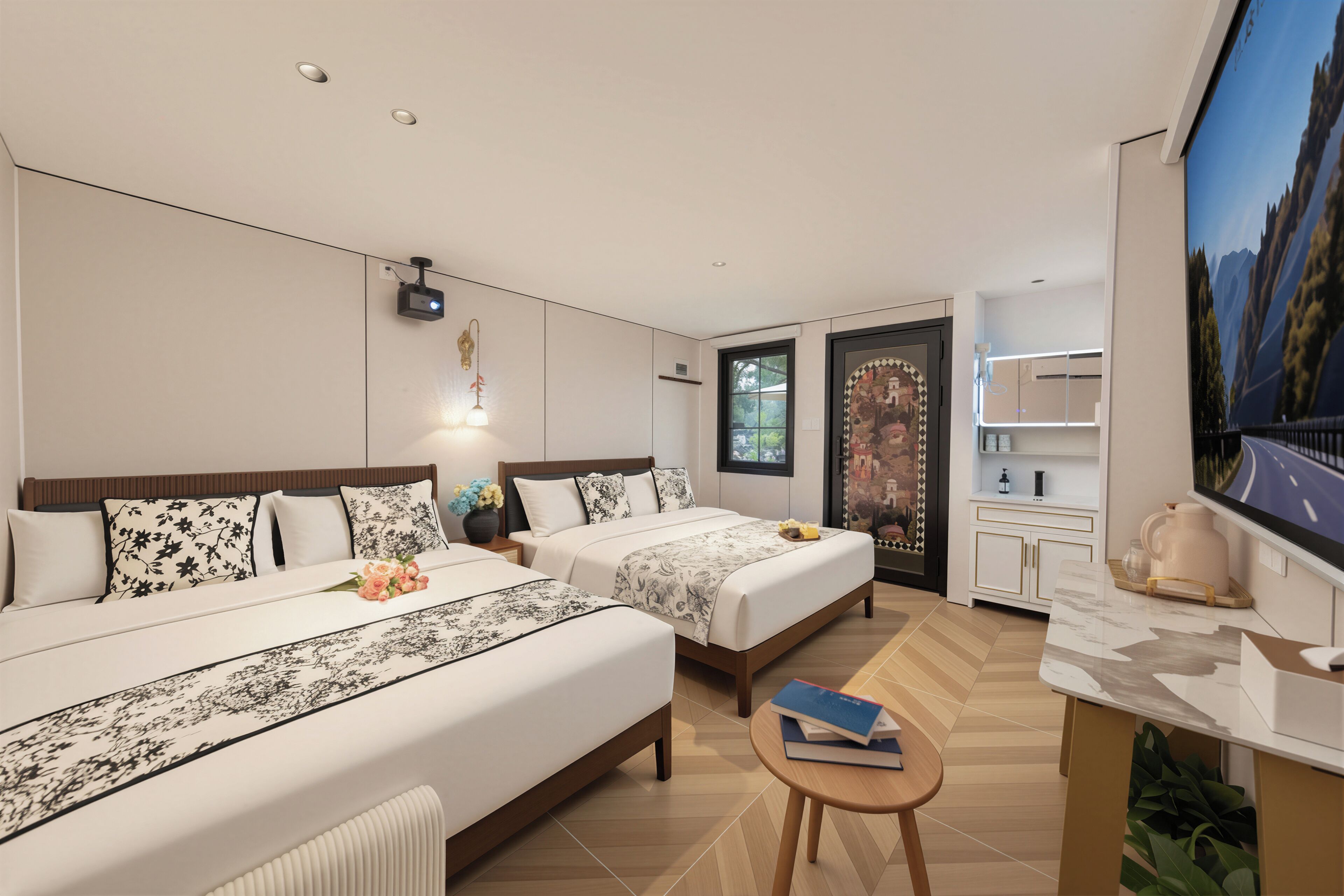 Habitación de hotel con dos camas, una mesita, televisor y zona de cocina.