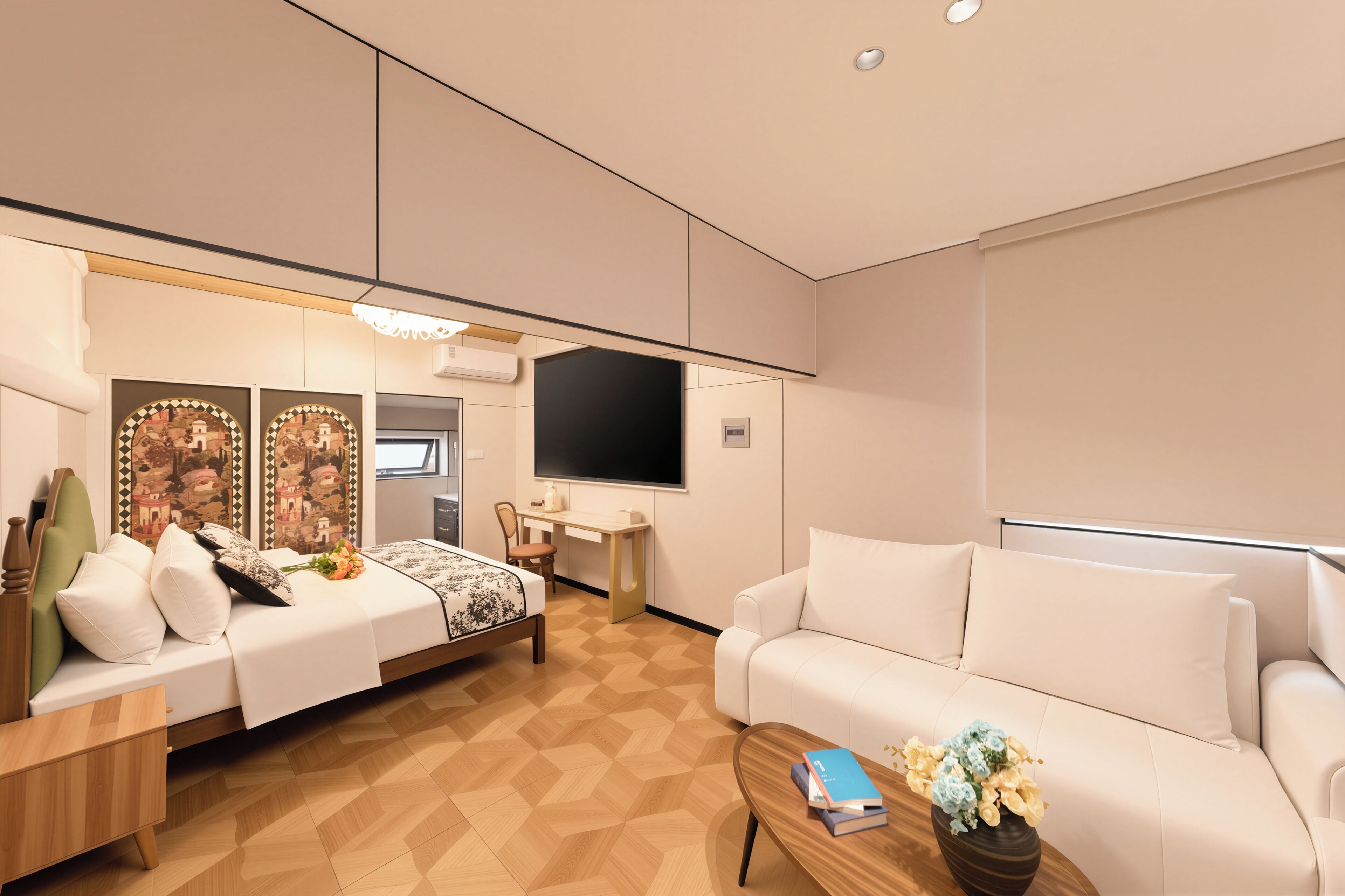 Ein modernes Hotelzimmer mit Bett, Sofa, Schreibtisch und Fernseher.