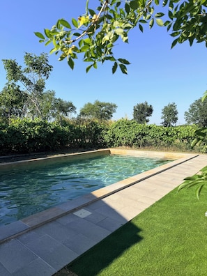 A swimming pool with a tiled edge, surrounded by greenery and trees.