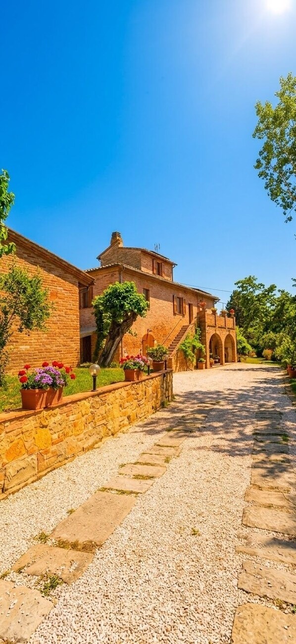 A courtyard with a stone pathway leading to a building with a brick facade and arched entrance.