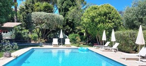 Ein rechteckiger Pool mit Liegestühlen und Sonnenschirmen, umgeben von üppiger Vegetation und einem kleinen Gebäude mit rotem Dach.