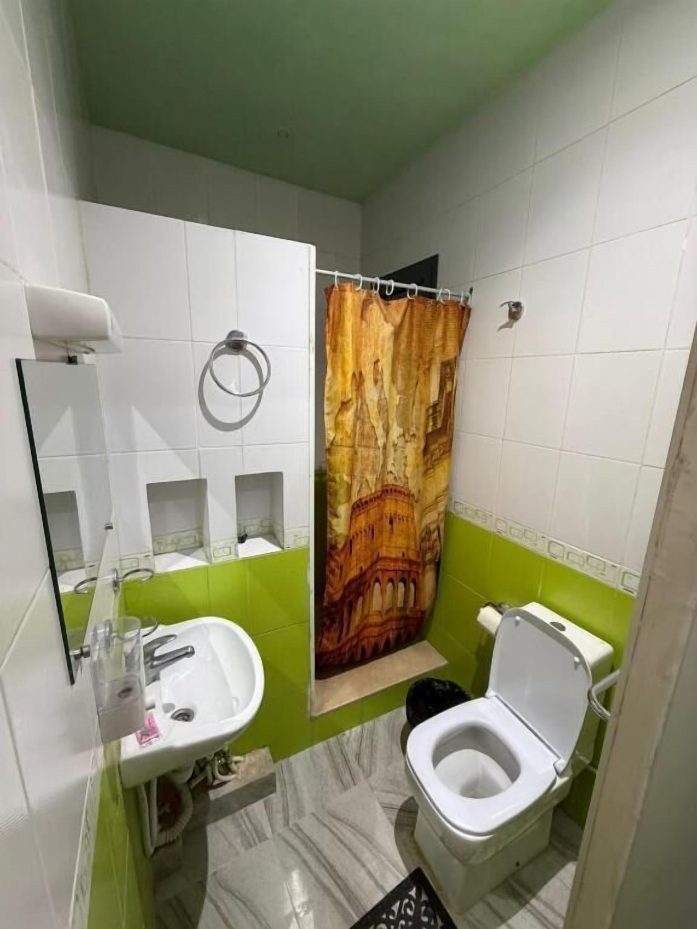 A bathroom with a toilet, sink, and shower curtain.
