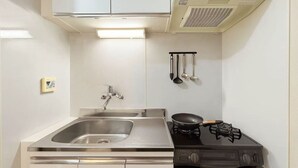 Una cuina compacta amb un doble recipient, una placa de gas i utensilis penjats.