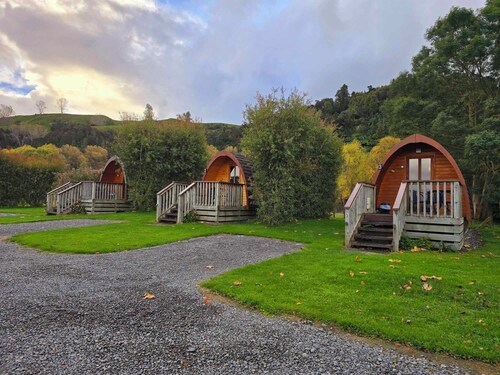 Pod 1 at Flat Hills Cafe and Tourist Park (sleeps 4), right on State Highway 1