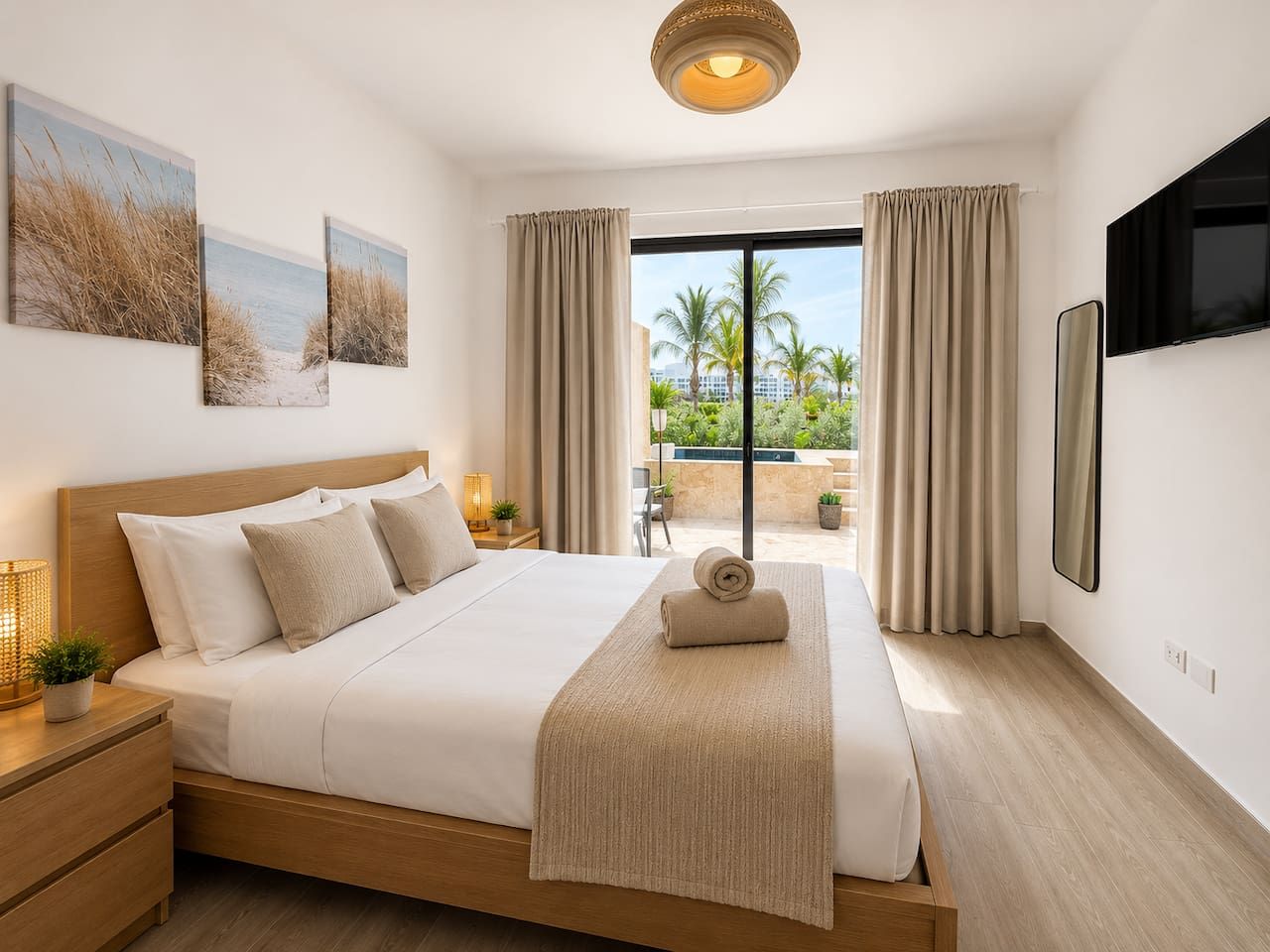 A hotel room with a bed, a TV, a window with curtains, and artwork on the wall.