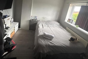 Un dormitorio con cama, ventana, escritorio y radiador.