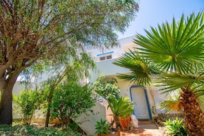 A building with a white facade, a blue door, and a small garden with various plants and a palm tree. - D9 Quinta do Paraiso (Lagoa)