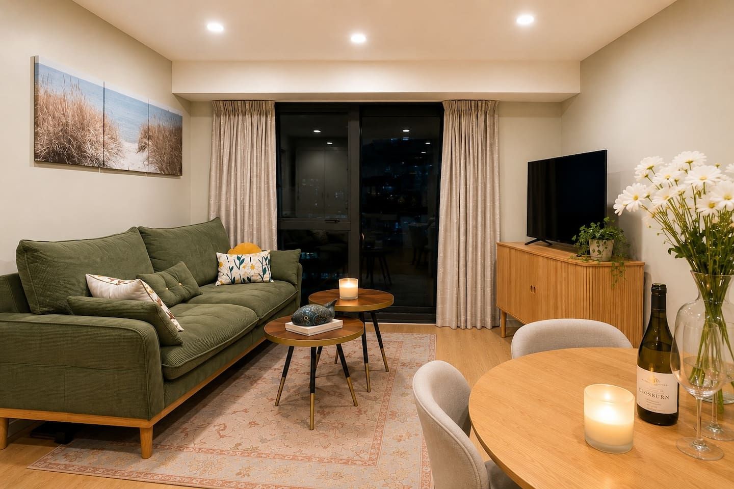 Een moderne woonkamer met een groene bank, een houten eettafel en een televisie.