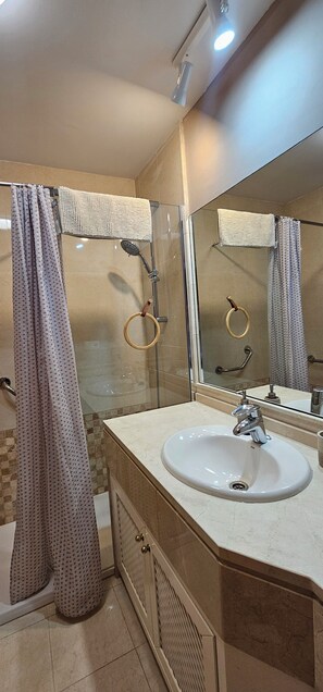 Shower, towels, toilet paper