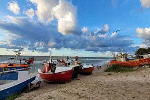Ein Strand mit mehreren Booten, die im Sand ankern, ein klarer Himmel und einige fliegende Möwen.